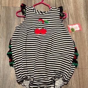 Black & White Striped Cherry Romper for Kids